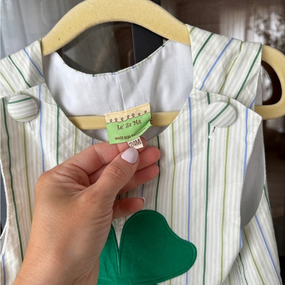 St. Patricks Day four leaf clover jon jon romper smock appliqué baby boy stripes - Picture 4 of 8